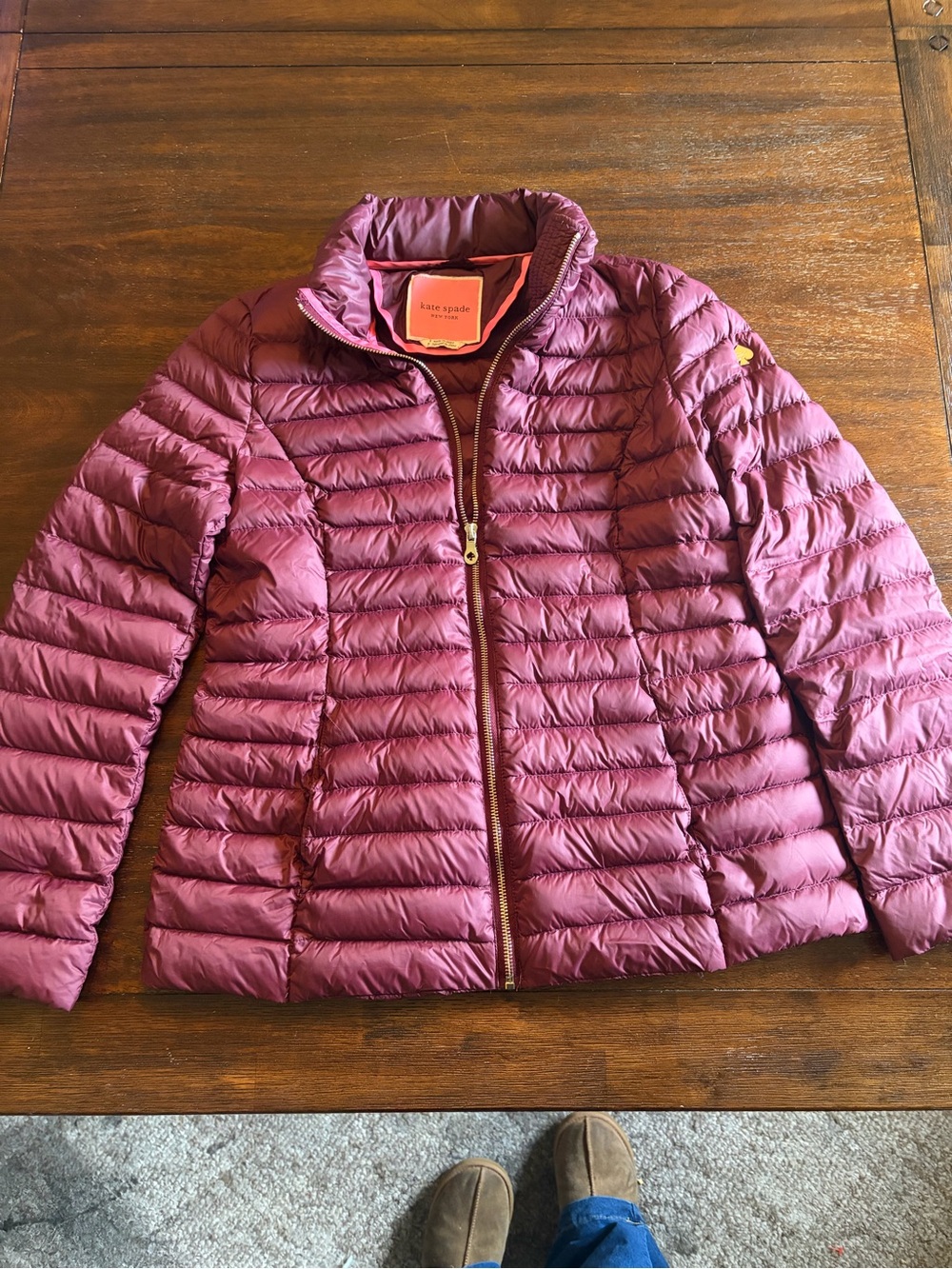 Kate Spade New York Down Puffer Jacket Small Burgundy Pink Trim Spade Logo